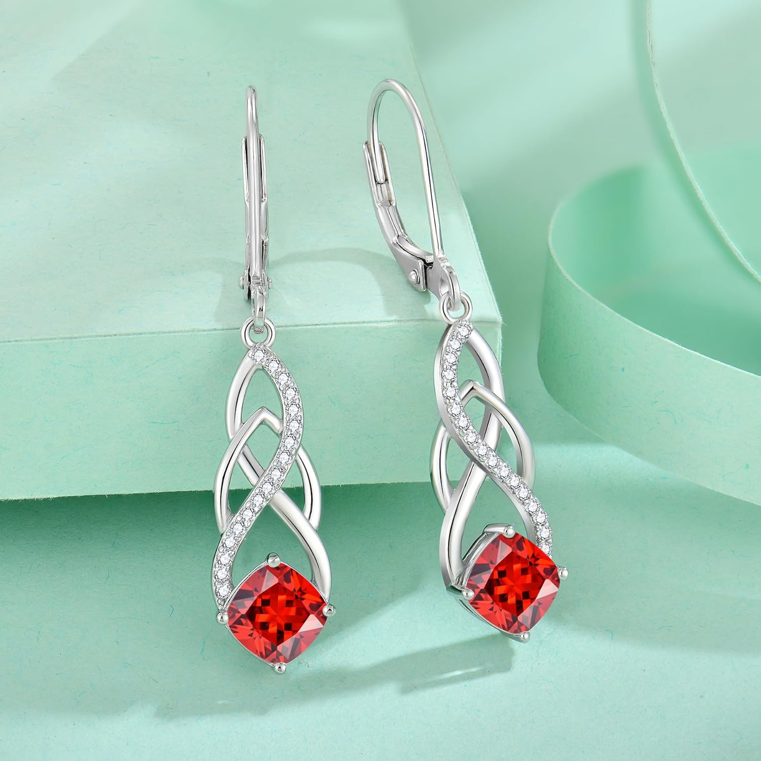 Princess Cut Drop Dangle Earrings 925 Sterling Silver Celtic Knot Leverback Earrings Birthstone Infinity Jewelry Gifts for Women - Image 4