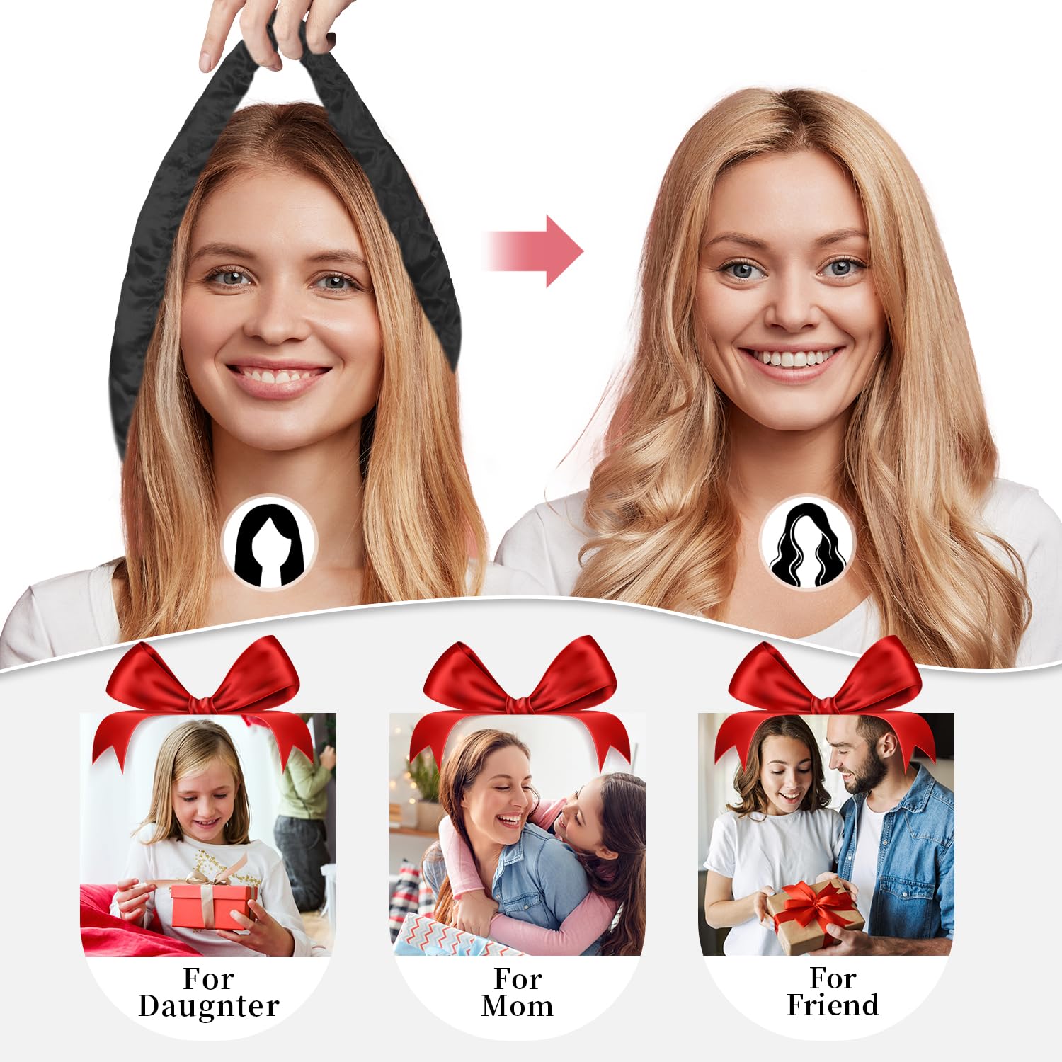 Heatless Curls Overnight, Heatless Hair Curler and Curling Scrunchie Set, Heatless Curling Rod With Spray Bottle, No-Heat Hair Curlers, Overnight Blowout Rods, for Medium to Long Hair (Black)