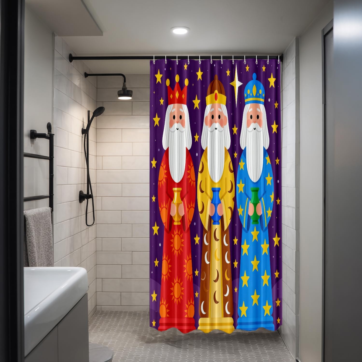 Christmas Kingly Decor Shower Curtain Set,Blue Gold Purple Three Kings Wise Men Polyester Shower Curtain for Shower Stall Bathroom Waterproof with 12 Hooks 72x72 Inch