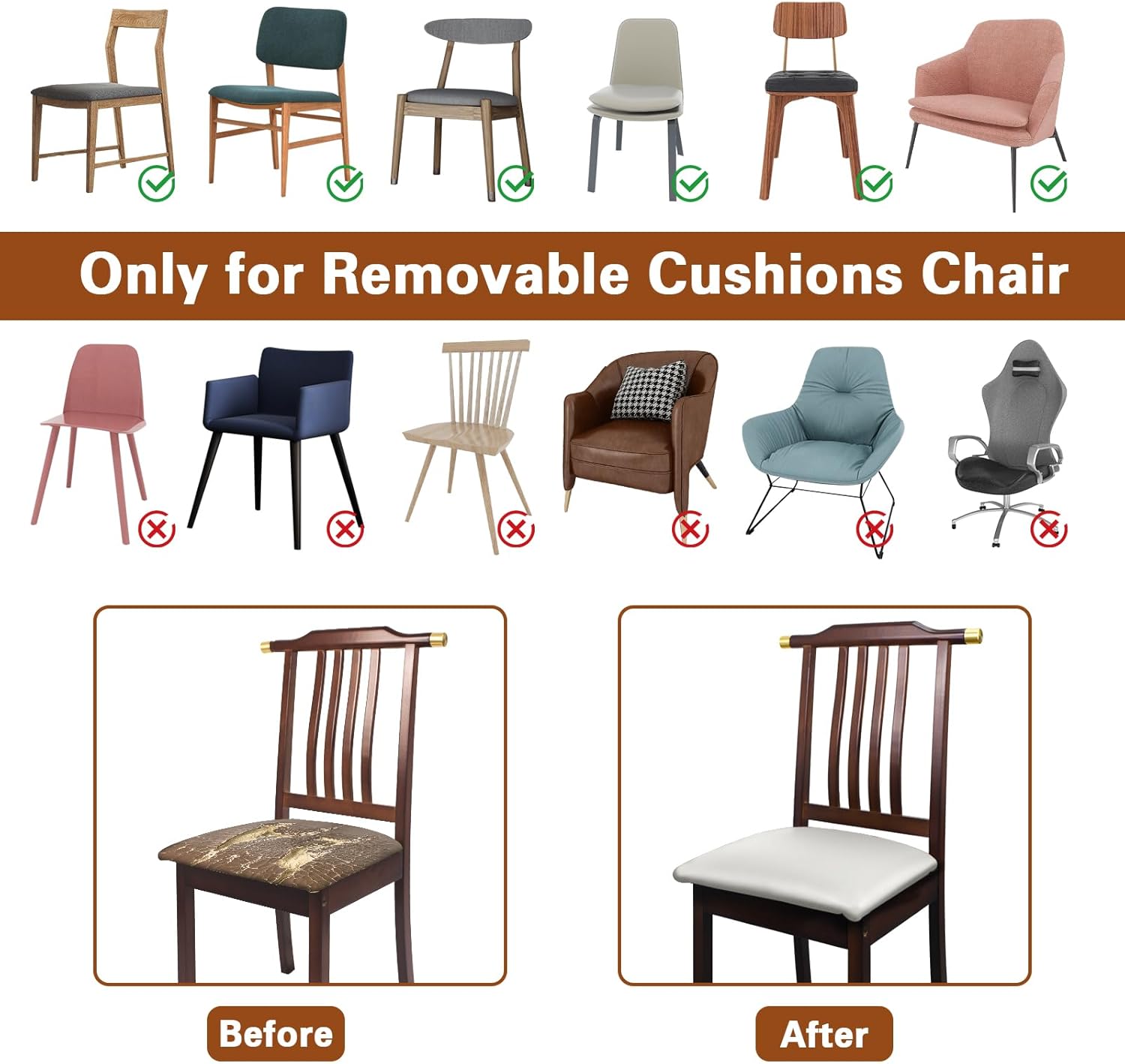 Leather Seat Covers for Dining Chairs Waterproof Chair Seat Covers Set of 6 Oilproof & Wipeable Kitchen Chair Seat Covers Protector with Buckle Strap (White, 6 Pcs)