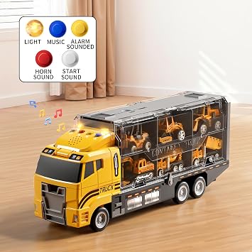 NIPLOOOW Kids Boys Construction Truck Vehicle Toy Set with Play Mat and Die-Cast Toy Car, Transport Carrier Truck for Kids 3-5, Birthday Gifts Toys for 3-8 Year Old Boys