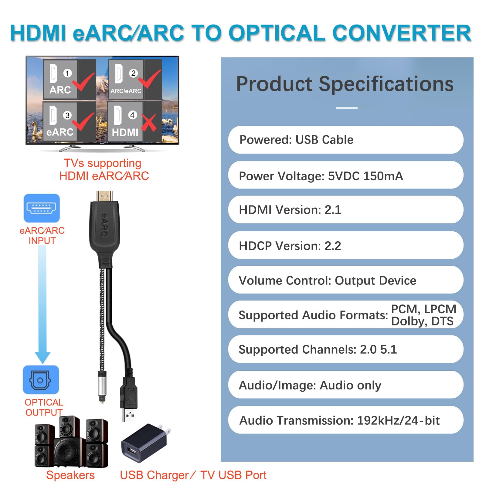 UNSTINCER HDMI eARC ARC zu Optisch Audio Konverter, Kabel 110cm/43in,HDMI Extractor Wandler Adapter für TV zu Lautsprecher Heimkino Soundbar, USB Powered 192kHz 24Bit Dolby DTS 5.1 PCM 2.0