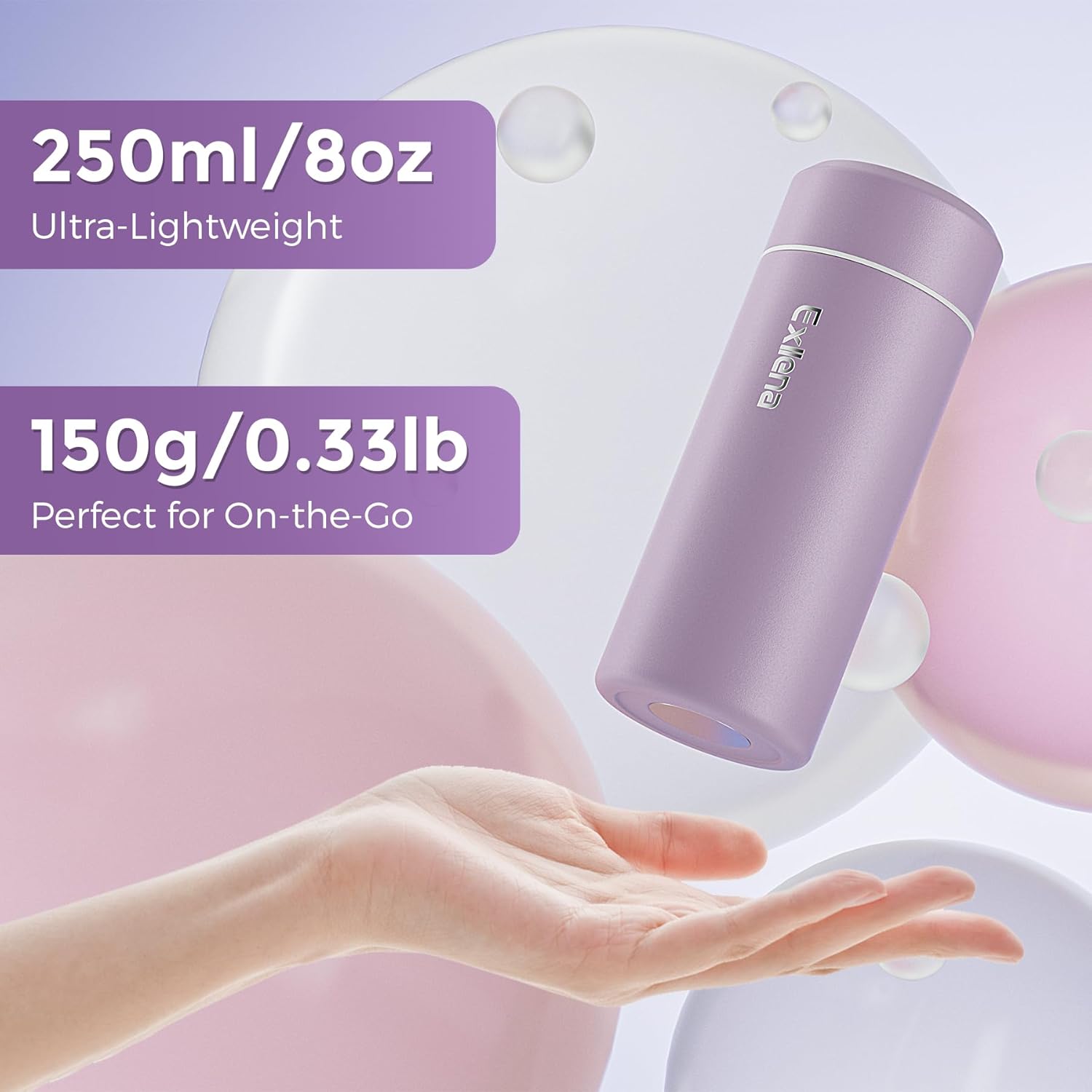 【Upgraded】Exllena Small Insulated Water Bottle 8 oz/250ml– Mini Insulated Water Bottle for Hot & Cold Drinks, Perfect Small Flask for Travel, Purse...(Light Purple) - Image 2