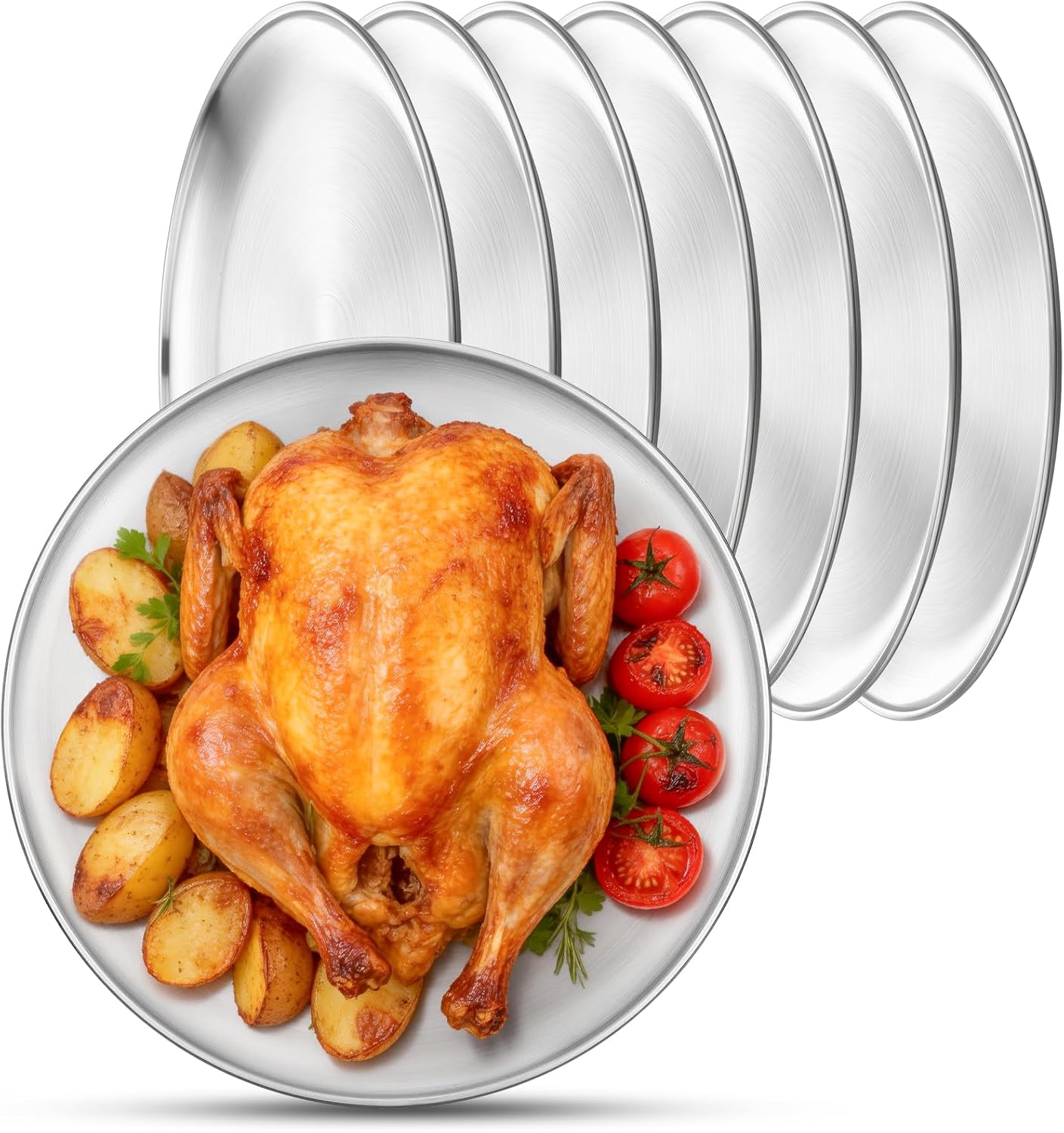 Stainless Steel Plates, 8 Pack 11.8 inch Large 201 Metal Food Serving Plate Set, Reusable Snack Eating Dishes Round Shatterproof Brushed Finish Dish Silver Dinner Lunch Oven Dishwasher Safe