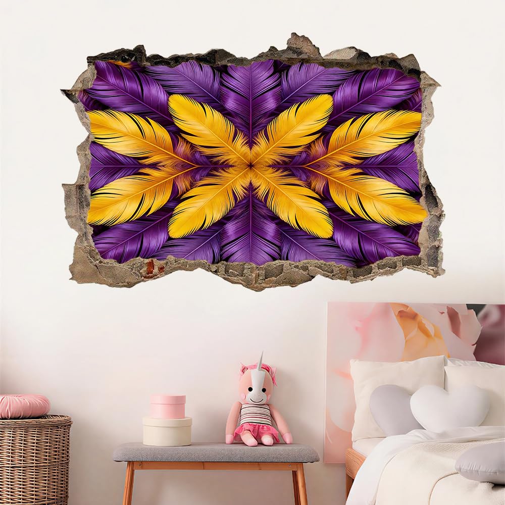 Decorazione da parete 3D, Piuma Stanza dell'autoadesivo della parete smontabile Giallo Viola per bambini Nursery Decorazioni
