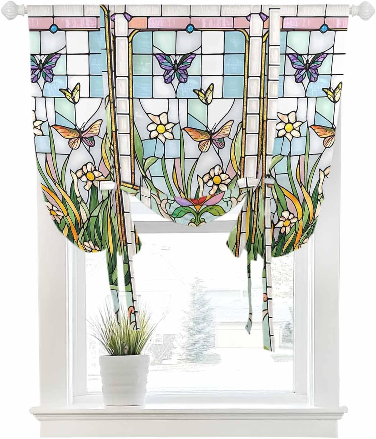 Tie Up Curtain for Windows Butterfly Balloon Window Shades for Bedroom Bathroom Adjustable Rod Pocket Color Leaves Flower Window Treatments Curtains Valance for Kitchen 52" W x 63" L