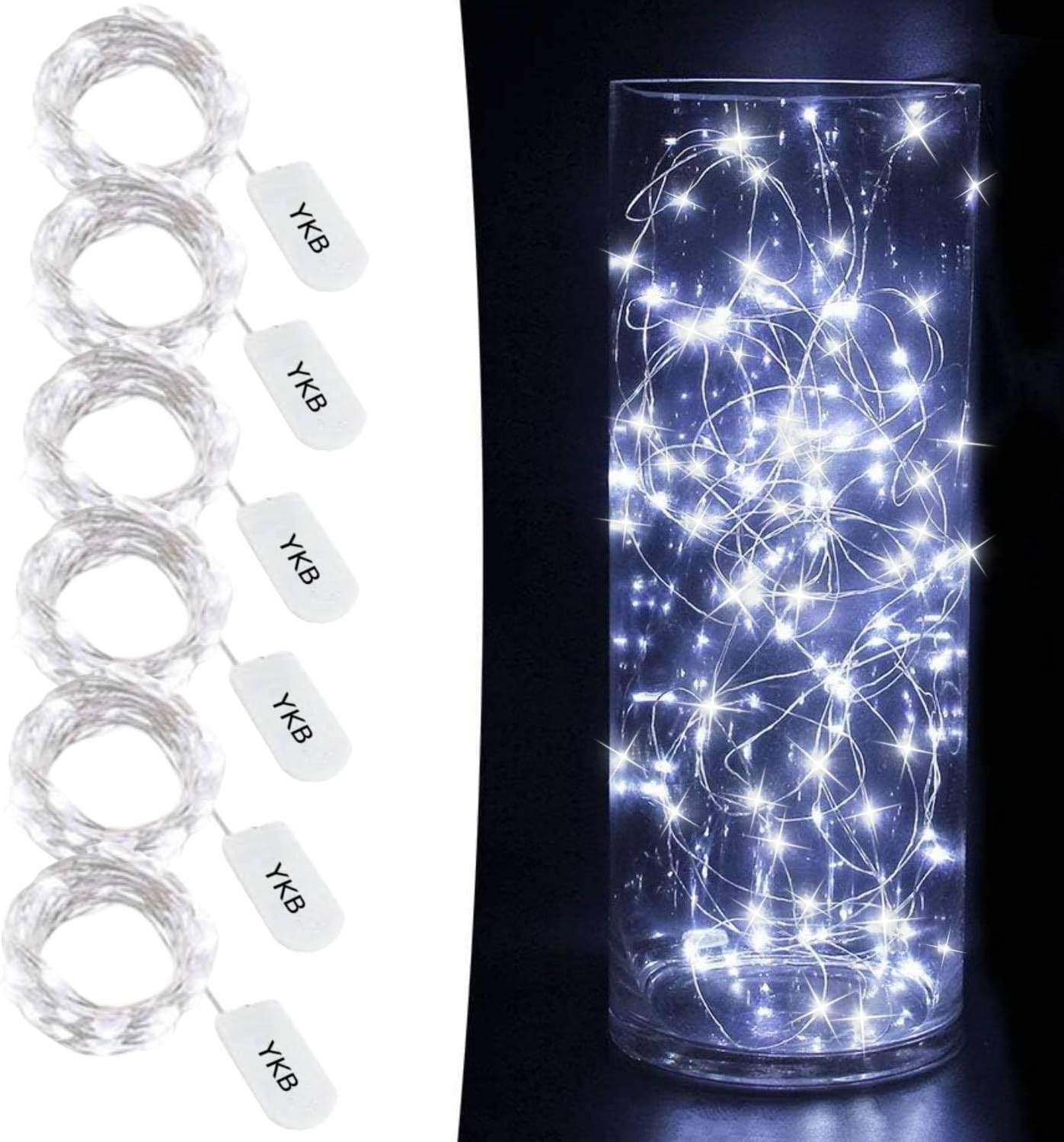 YKB 6 PCS LED Starry String Lights with 20 Mini LEDs on 3.3FT/1M Copper Wire, Fairy Lights Powered by 2xCR2032(Incl) Batteries, for Wedding Table Holiday Halloween Christmas Decorations, Cool White
