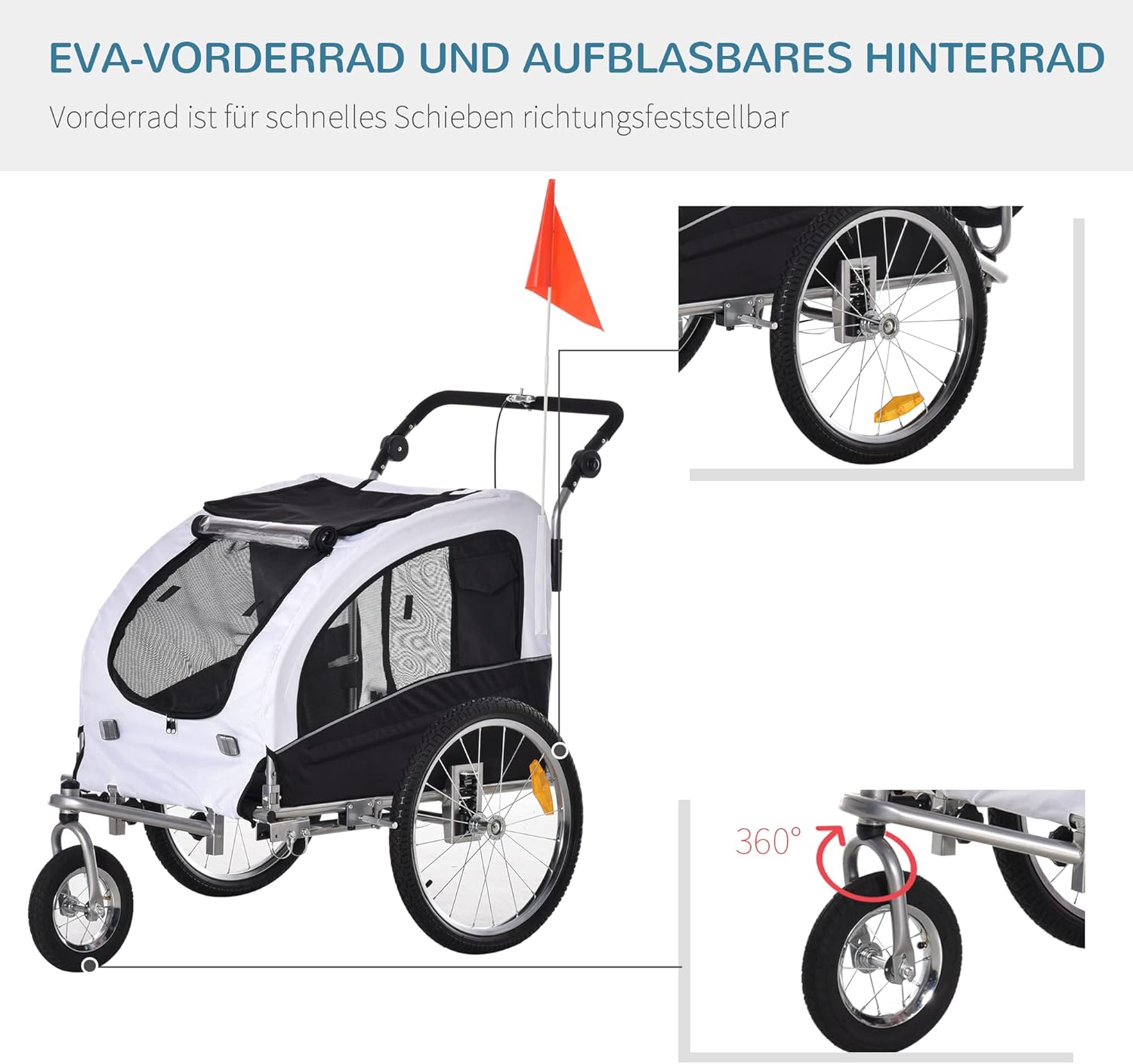 Close-up of the front EVA wheel and rear inflatable wheel, highlighting the 360-degree swivel feature of the front wheel.