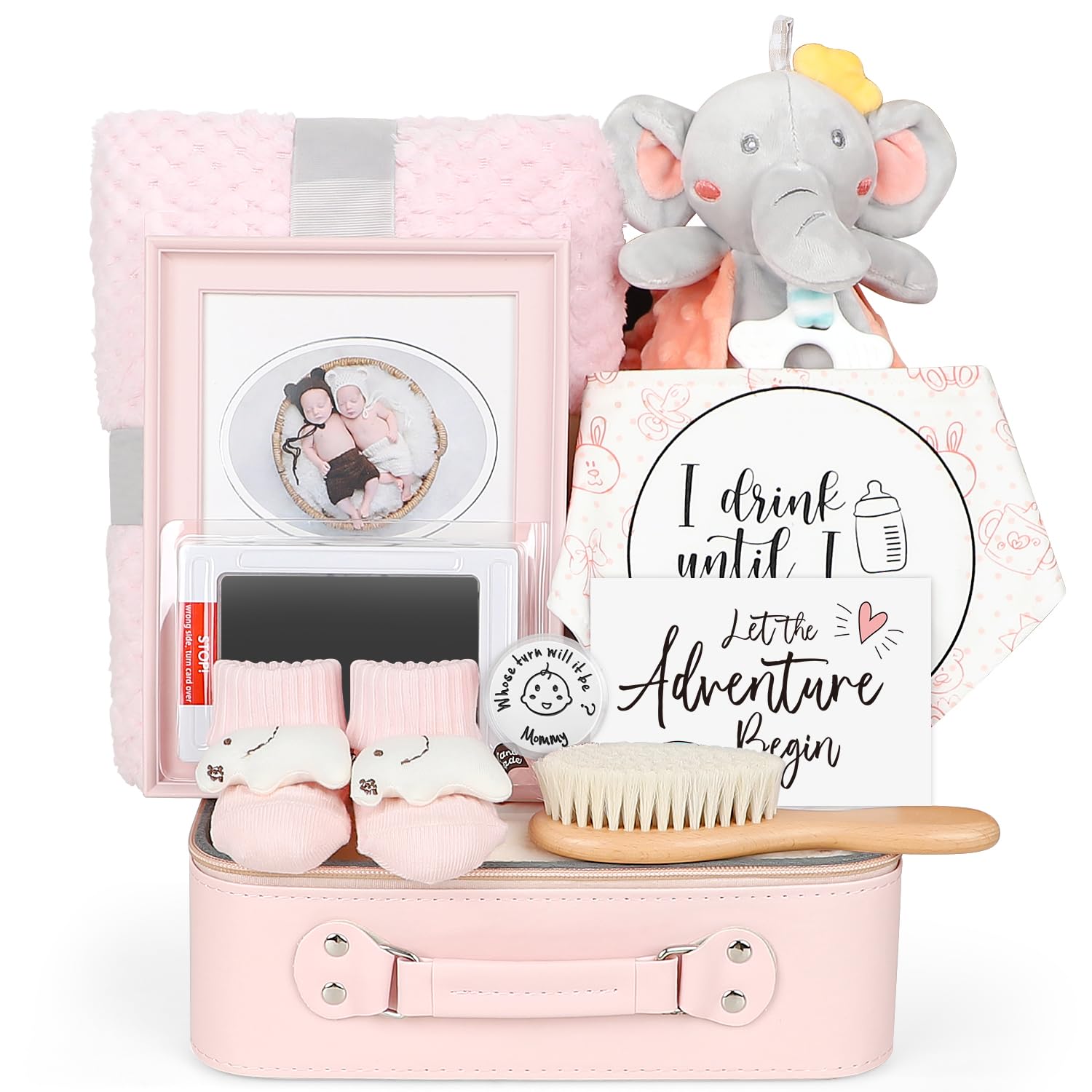 iAOVUEBY Baby Girl Gifts, Baby Shower Gifts for Girls, Baby Christmas Gift Basket Includes Elephant Lovey Blanket Keepsake Photo Frame Infant Bibs Socks Decision Coin, Newborn Gift Set Essentials