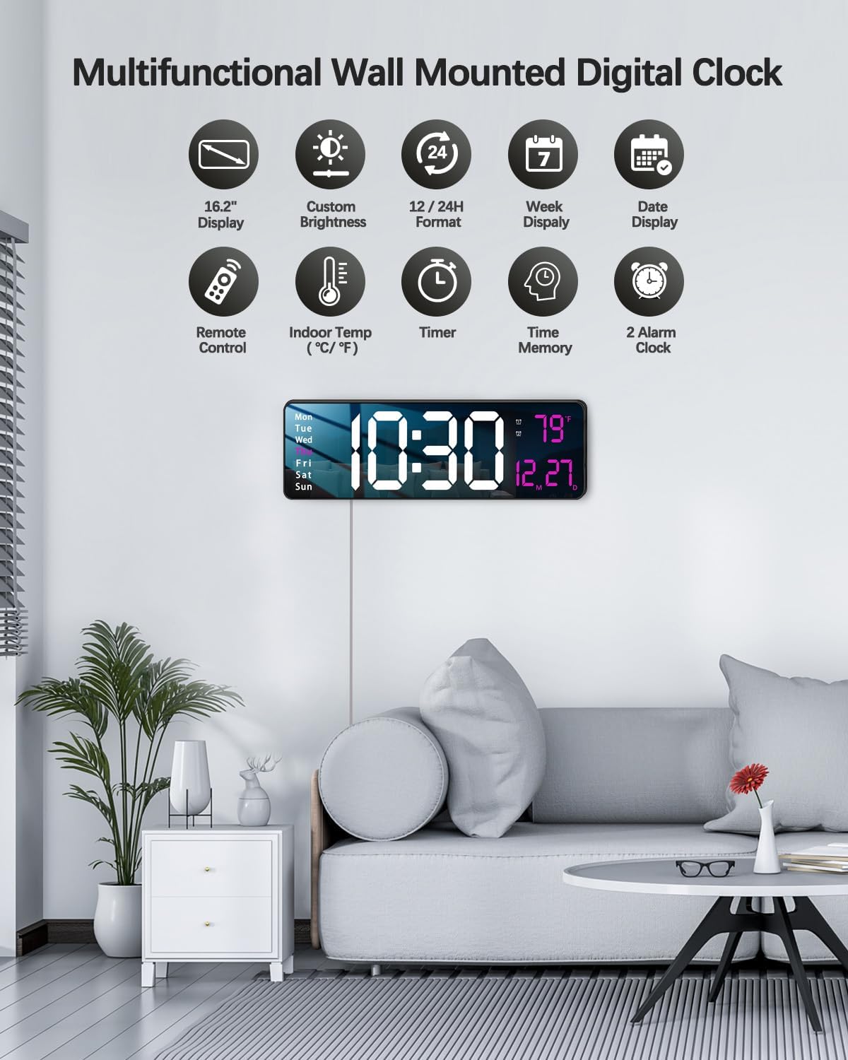 JoFomp Modern 16" Large Digital Wall Clock with Remote Control, LED Display, Auto-Dimming, Countdown, Temperature, Calendar - 12/24Hr Format - Silent Wall Clock for Home, Office, or Gym Use (Pink)