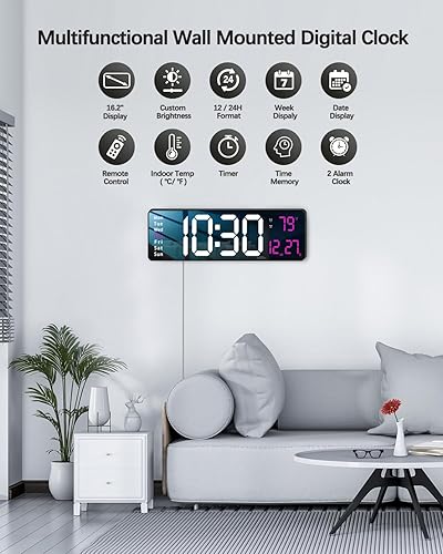Vista 19 de JoFomp Reloj de pared digital – Pantalla LED grande de 13 pulgadas, alarma fuerte, control remoto, DST, atenuación automática, fecha y día