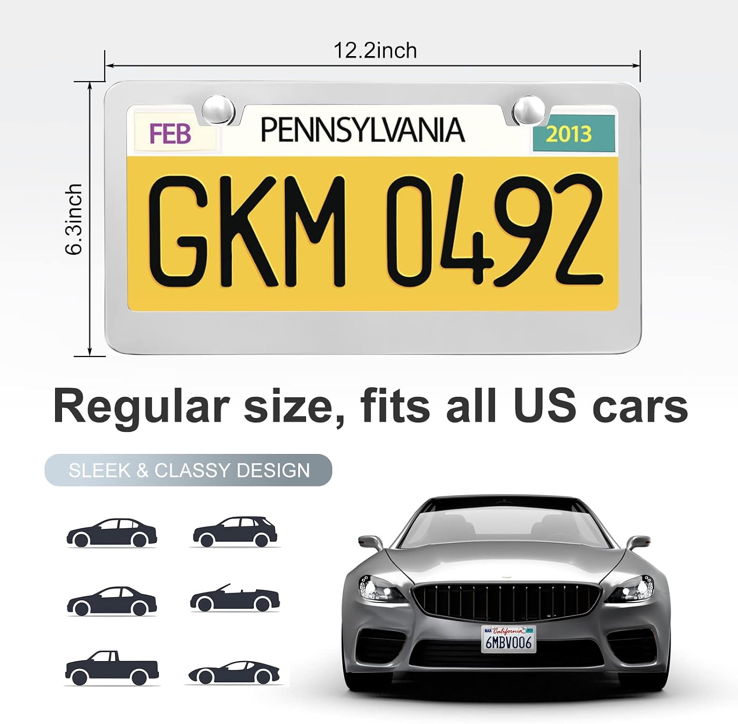 QUANQIUFEI 2 Pack License Plate Frames, Stainless Steel Car License Plate Cover Car Accessories with Screw Caps (Silver) thumbnail