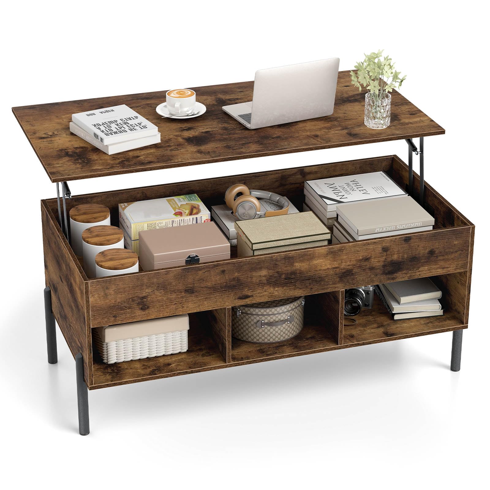 COSTWAY Mesa de Centro Elevable, Mesa Central de Café con Tablero Elevable, Amplio Compartimento Oculto y 3 Espacios Abiertos, Mesita de Cóctel con Patas de Metal (Café)