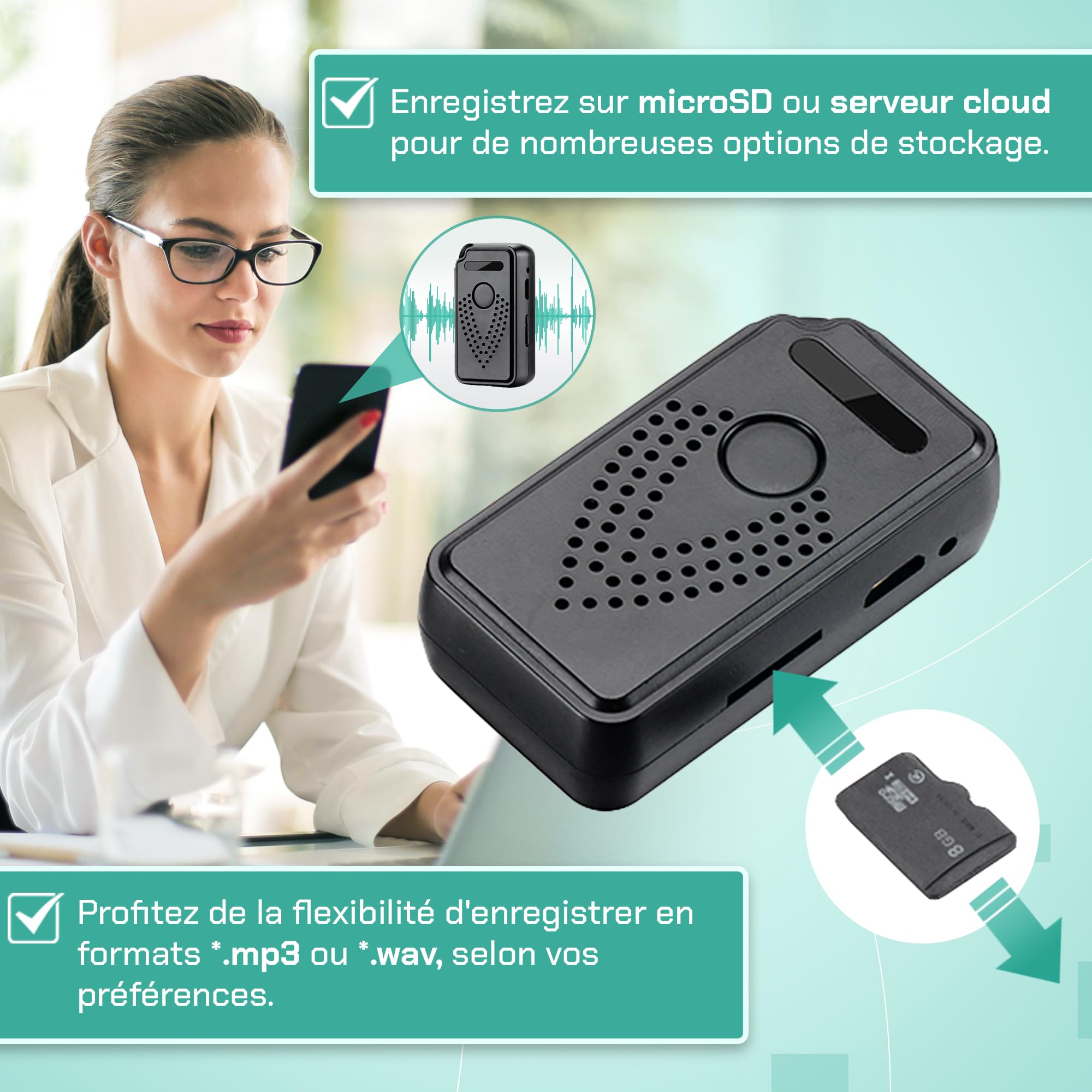 Enregistreur Vocal numérique Professionnel WiFi | FlyRec SMT | 8 Go de Mémoire | Contrôle illimité de la Distance pour, Leçons et Mémos Vocaux - Enregistreur Audio avec Application Intelligente