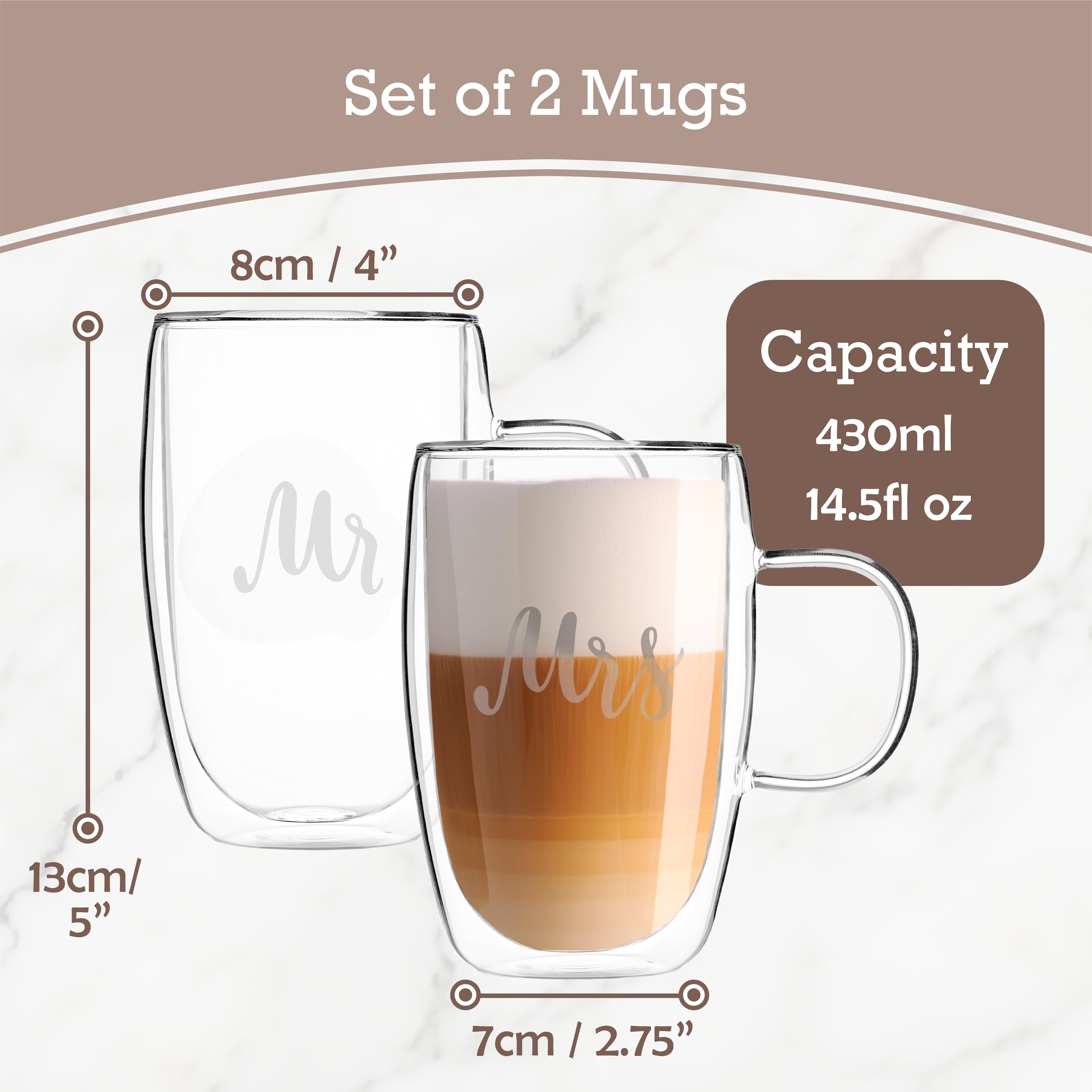 Muldale Mr and Mrs Mugs, Coffee Cup Set, Insulated Borosilicate Glass, 430ml His and Hers Large Latte Glasses - Image 2