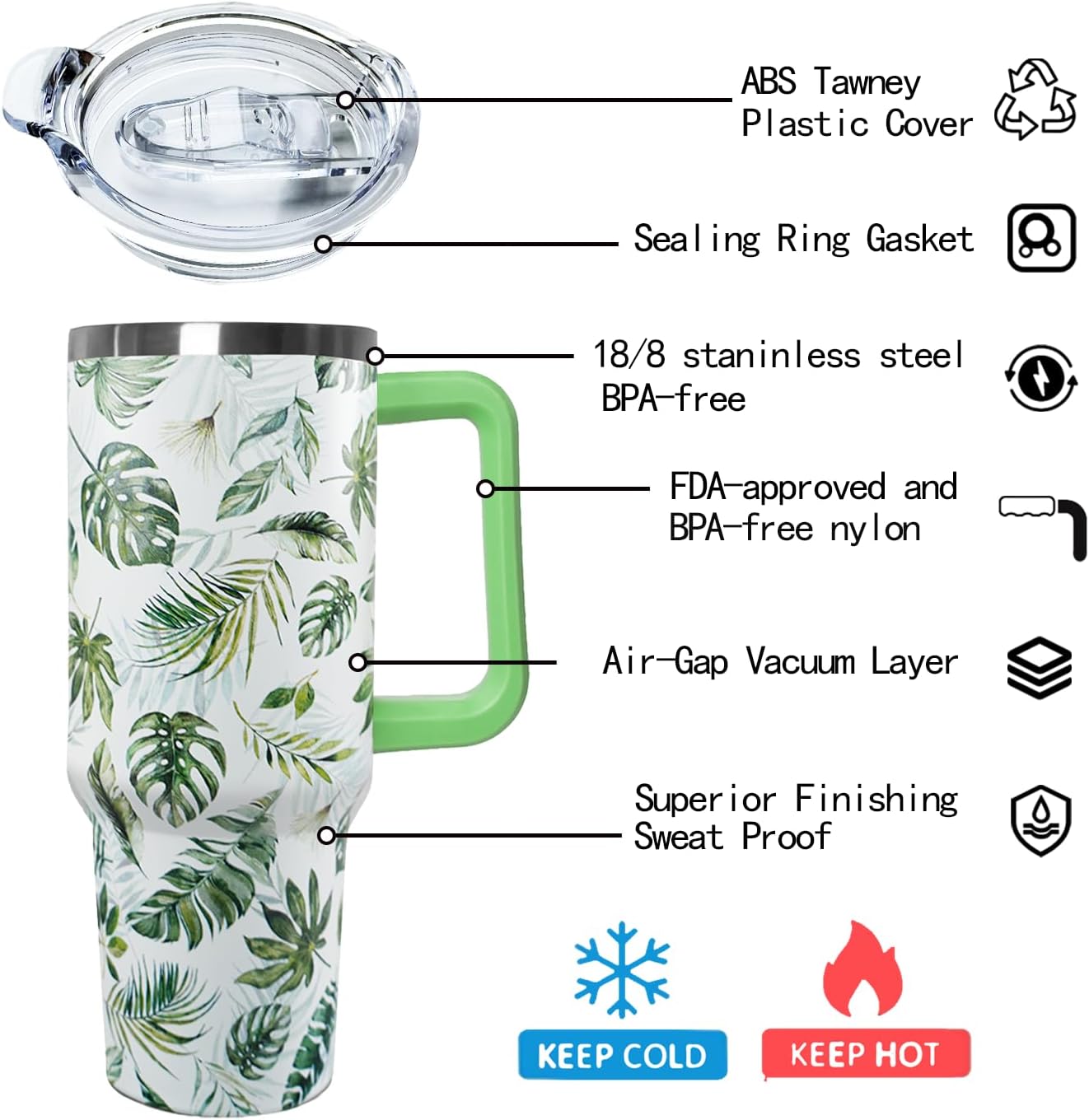 Ceovfoi 40 oz Green Insulated Stainless Tumbler - Tropical Plant Travel Coffee Cup, Water Bottle, Gardeners Gift - Image 4