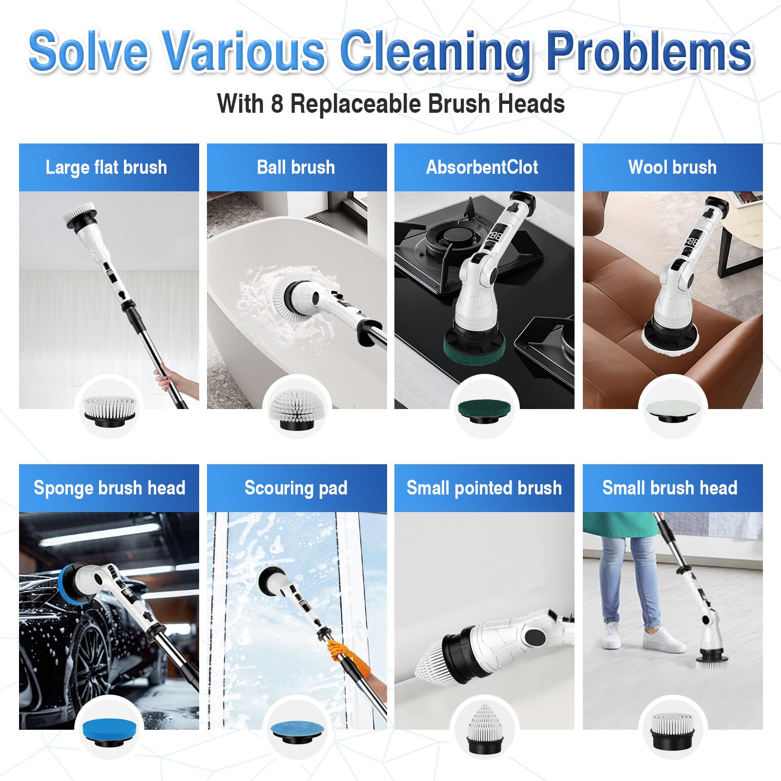 Cepillo de Limpieza eléctrico,Cepillo Limpieza Hogar con 7 Cabezales de Cepillo 2 Modos, Cepillo Electrico Limpieza Hogar con Indicador LED IPX7 Resistente al Agua para Baño Suelo Azulejos COC