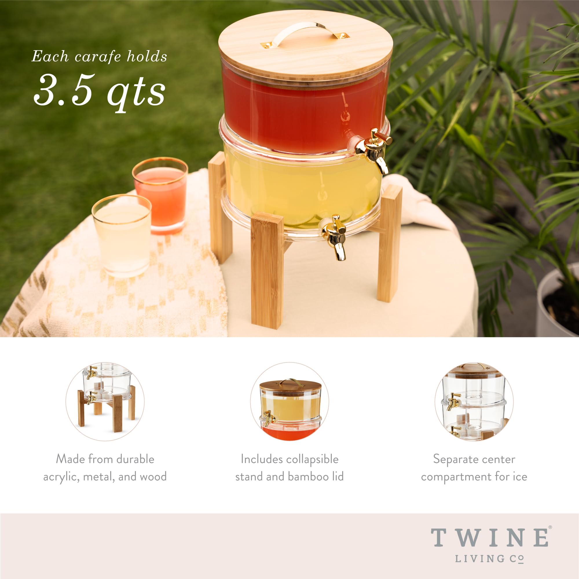 Twine Doble para exteriores, grifo de bebidas, fiestas de cóctel con soporte plegable de madera, dispensador apilable, juego de 1, transparente