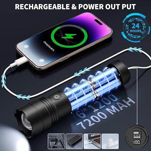 Miniatura 3 de KINGCAESAR Linternas recargables de 3000 lúmenes altos, luz de flash súper brillante con 2 luces de mazorca, linternas LED de alta potencia con 4