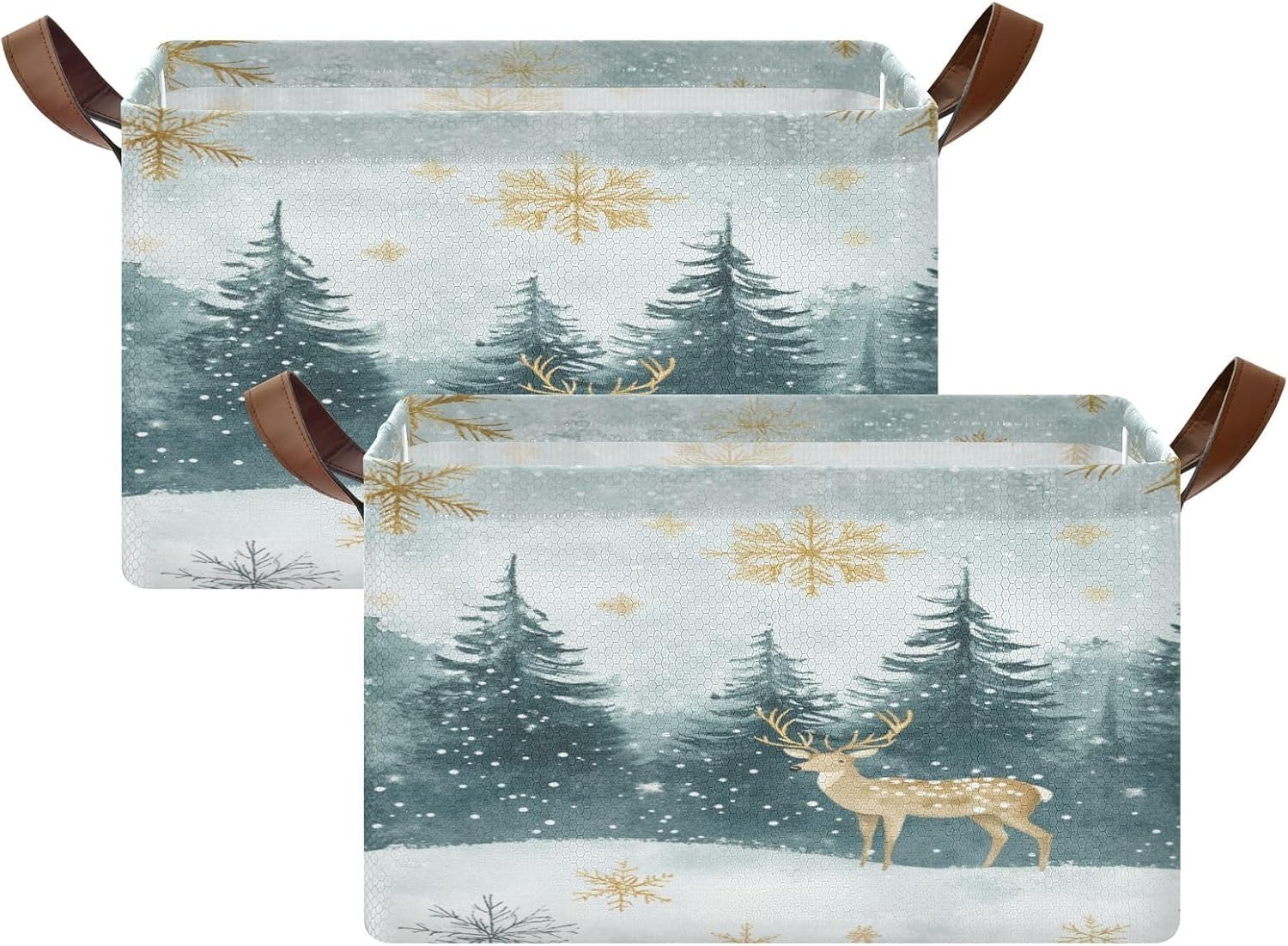 Christmas Trees Deer 2 Pack Fabric Storage Bins for Shelves Collapsible Cube Storage Bin Basket Storage Cubes with Handle Under The Bed Storage Bins for Home Office Closet Clothes