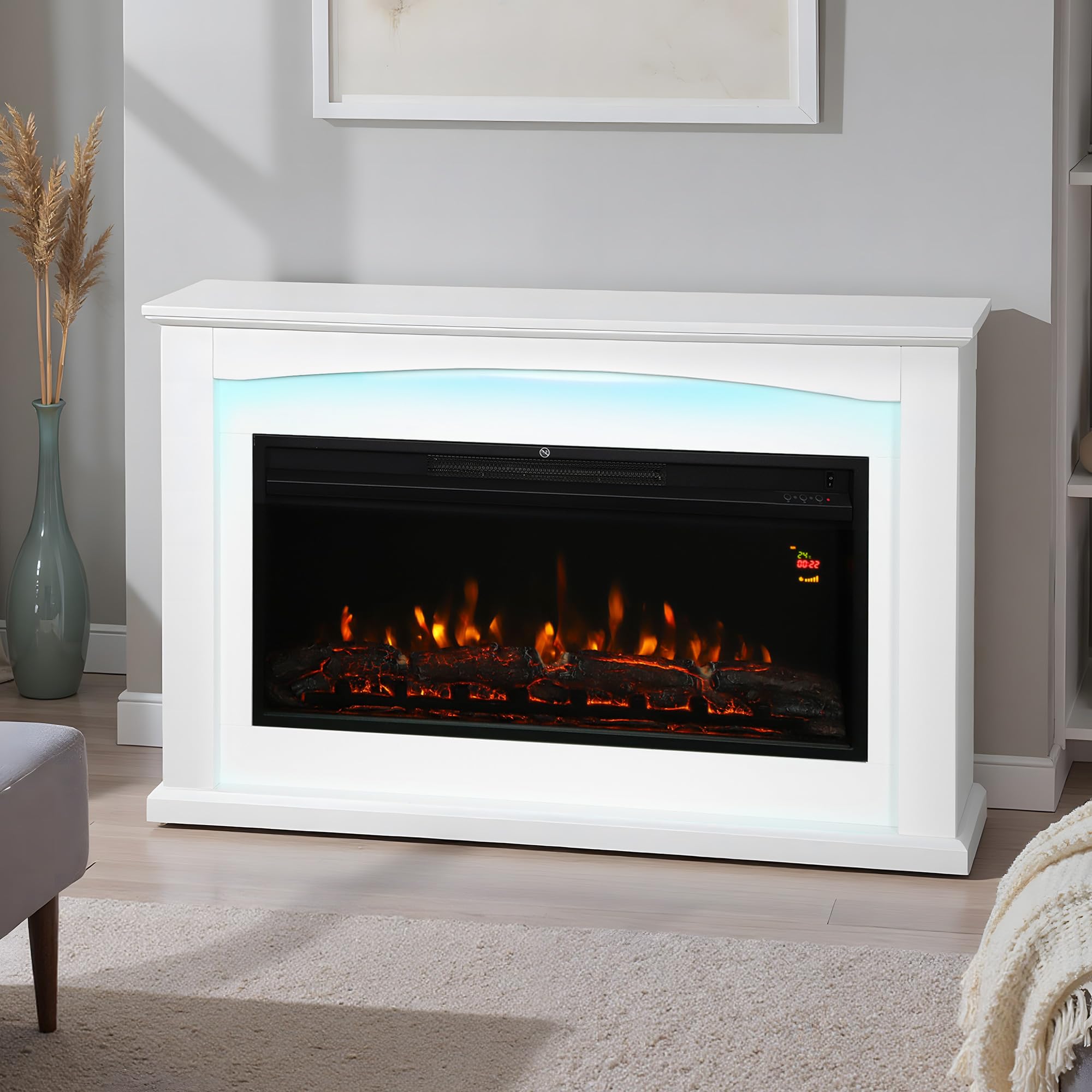 HOMCOM Caminetto elettrico 1000W/2000W, effetto fiamma con 5 luminosità regolabili, finto caminetto decorativo con mantello, termostato regolabile, telecomando, timer, fino a 30 m², bianco