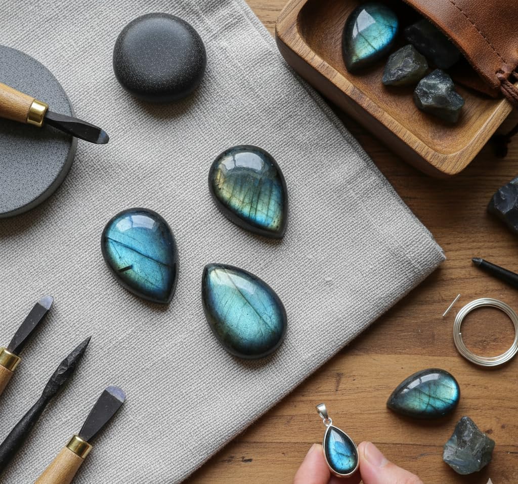 Natural Calibrated 10x14mm Pear Shape Blue Fire Labradorite Cabochon Loose Gemstone 3pcs box. For Healing Wellness and Jewelry Making.
