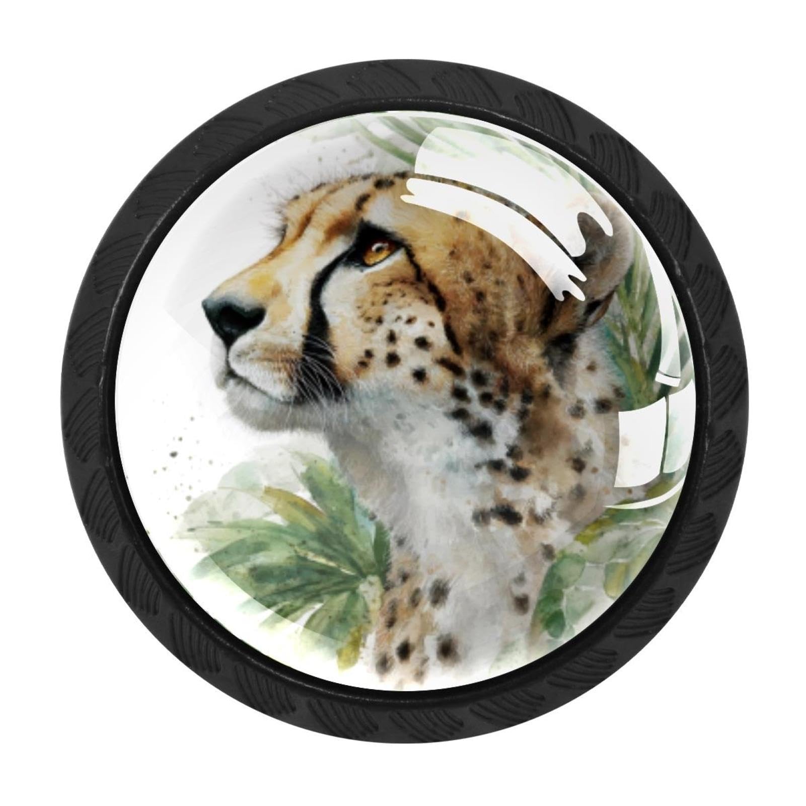 CHENZZZZ 4 Pieces Round Cabinet Knobs Rustic Dresser Knobs, Drawer Cupboard Wardrobe Cabinet Pulls Handles Hardware for Home Kitchen Furniture, Cheetah and Palm Leaves (9)
