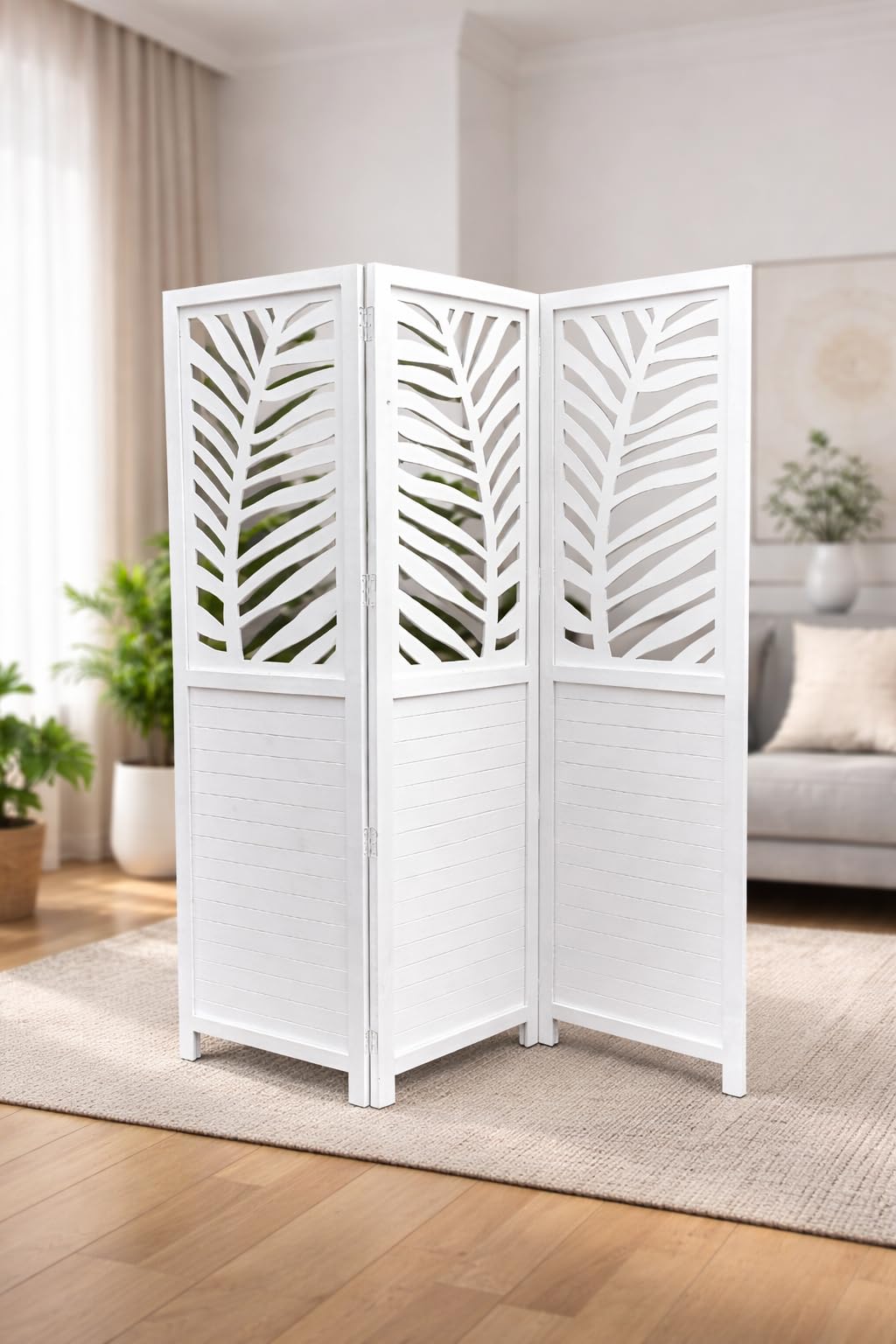 wooden room divider partition, 3 panel foldable screen separator for living room, bedroom, office & restaurant | leaf & patti pattern design (white)