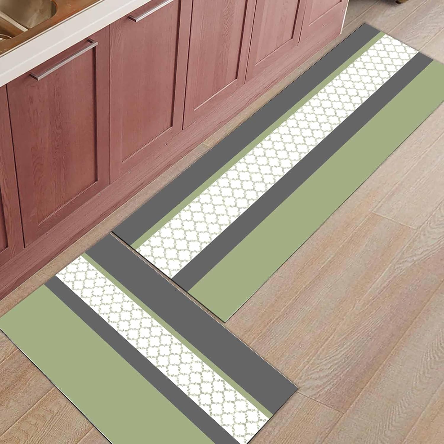 2 Pieces Kitchen Rugs and Mats,Watercolor Geometric Morocco Pattern Area Runner Rug Set Non Slip Floor Doormat Washable Carpet Standing Mat for Kitchen Sink Indoor Corridor,Green Grey Stitching Art