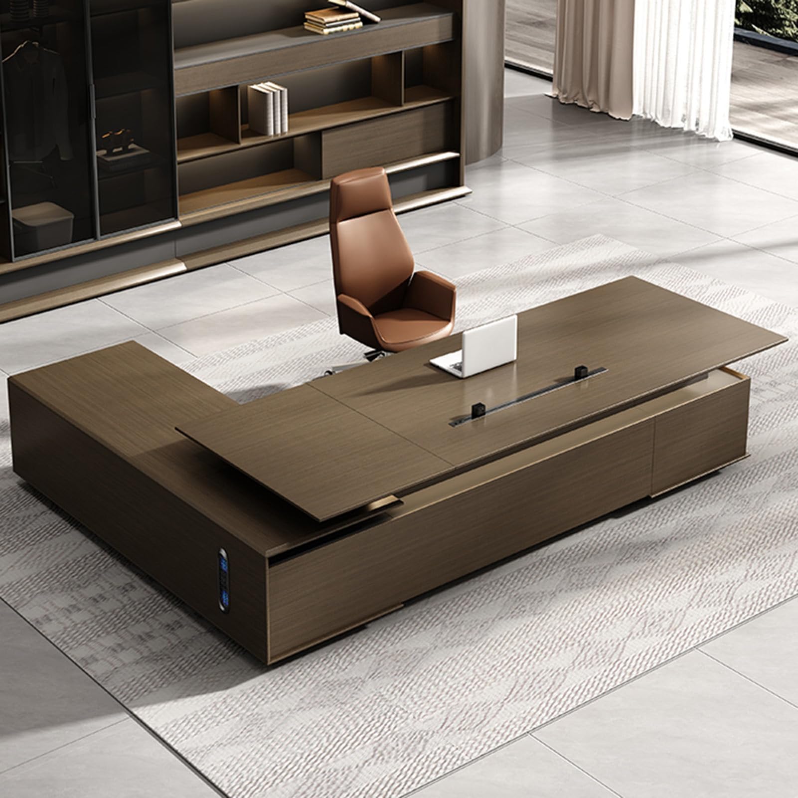 Mid Century Modern Writing Study Desk Executive Desk Wooden Office Desk for Home Office with Storage Cabinets, 2.4m