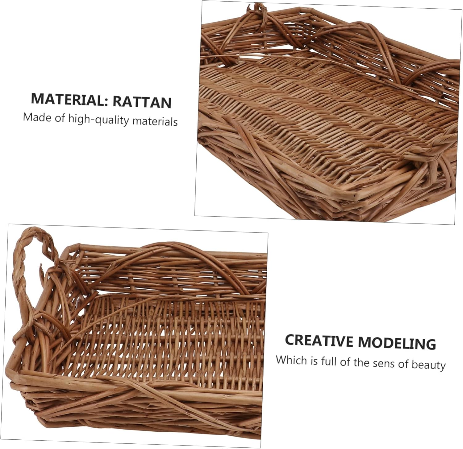 Light Brown Rattan-woven Storage Basket for Household Fruit and Bread Handcrafted Rectangular Tray with Handle Lightweight Organizer for Kitchen Living and Hotel Use