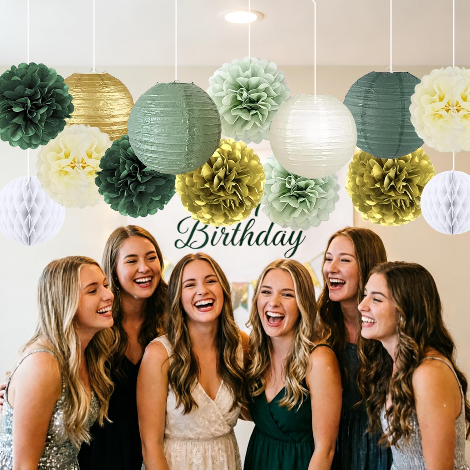 14Pcs Sage Green Gold Ivory Party Decorations, Paper Lanterns Tissue Paper Pom Poms Honeycomb Balls, Boho Neutral Hanging Decor for Baby Shower, Wedding, Birthday, Graduation Party Supplies