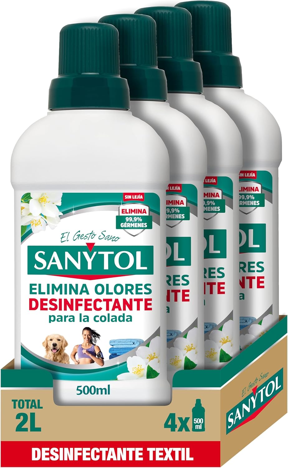 Sanytol - Desinfectante para la Colada, Elimina Malos Olores y el 99,9% de Gérmenes, Efectivo a partir de 20ºC, Eficaz Contra Bacterias, Hongos y Virus, Sin Lejía, No Mancha Textiles - 4 x 500 ml