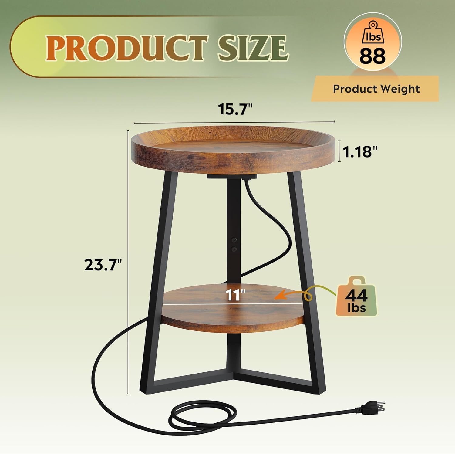 WLIVE Small Round Side Table with Charging Station, Round Coffee Table, 2 Tier End Table for Living Room/Bedroom, Sofa Couch, Easy to Assemble, Wood Tabletop & Metal Frame, Rustic Brown