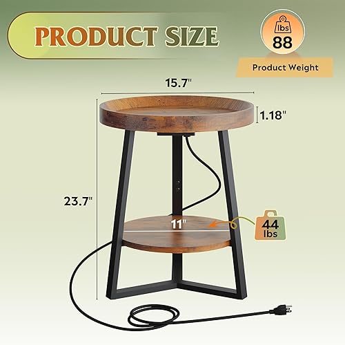 Miniatura 3 de WLIVE Mesa auxiliar redonda con estación de carga, mesa auxiliar redonda pequeña, mesa auxiliar de 2 niveles para sala de estar/dormitorio, sofá,