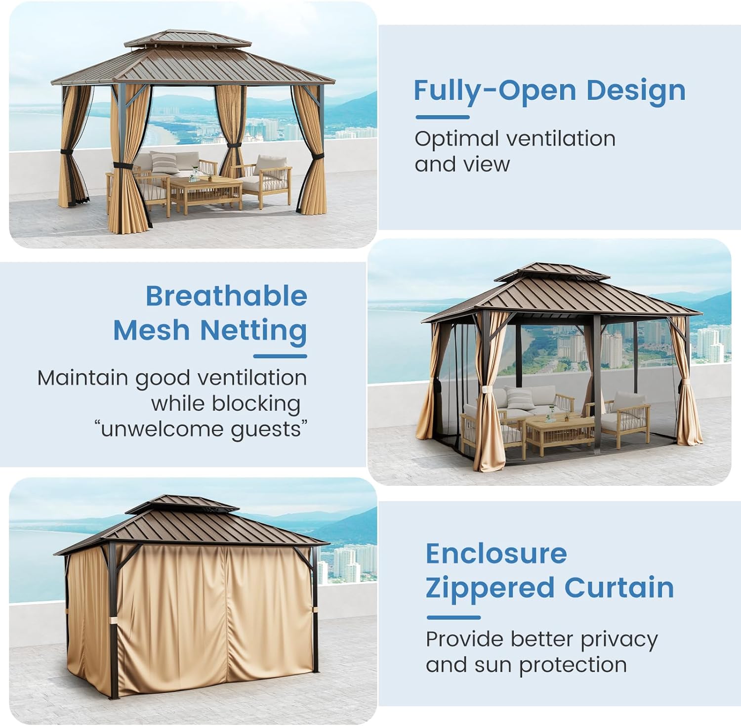 Tangkula 10x12 FT Hardtop Gazebo, Aluminum Frame Permanent Pavilion with Curtains, Netting, Heavy-Duty Double-Tier Galvanized Metal Roof, Outdoor Gazebo for Patios Garden Deck Lawn Backyard