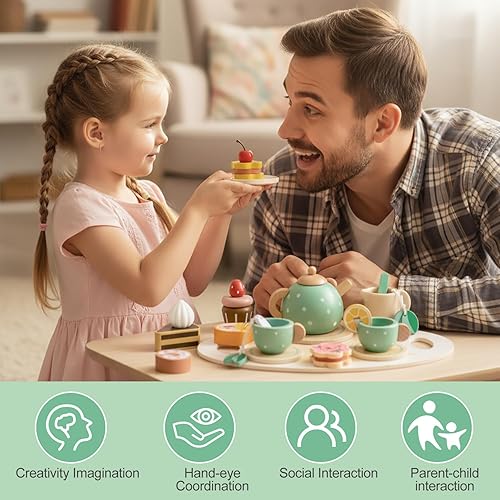 Miniatura 5 de Juego de fiesta de té de madera para niñas pequeñas, juguetes de cocina, juego de té de madera, bandeja para tartas y postres, cumpleaños para niñas