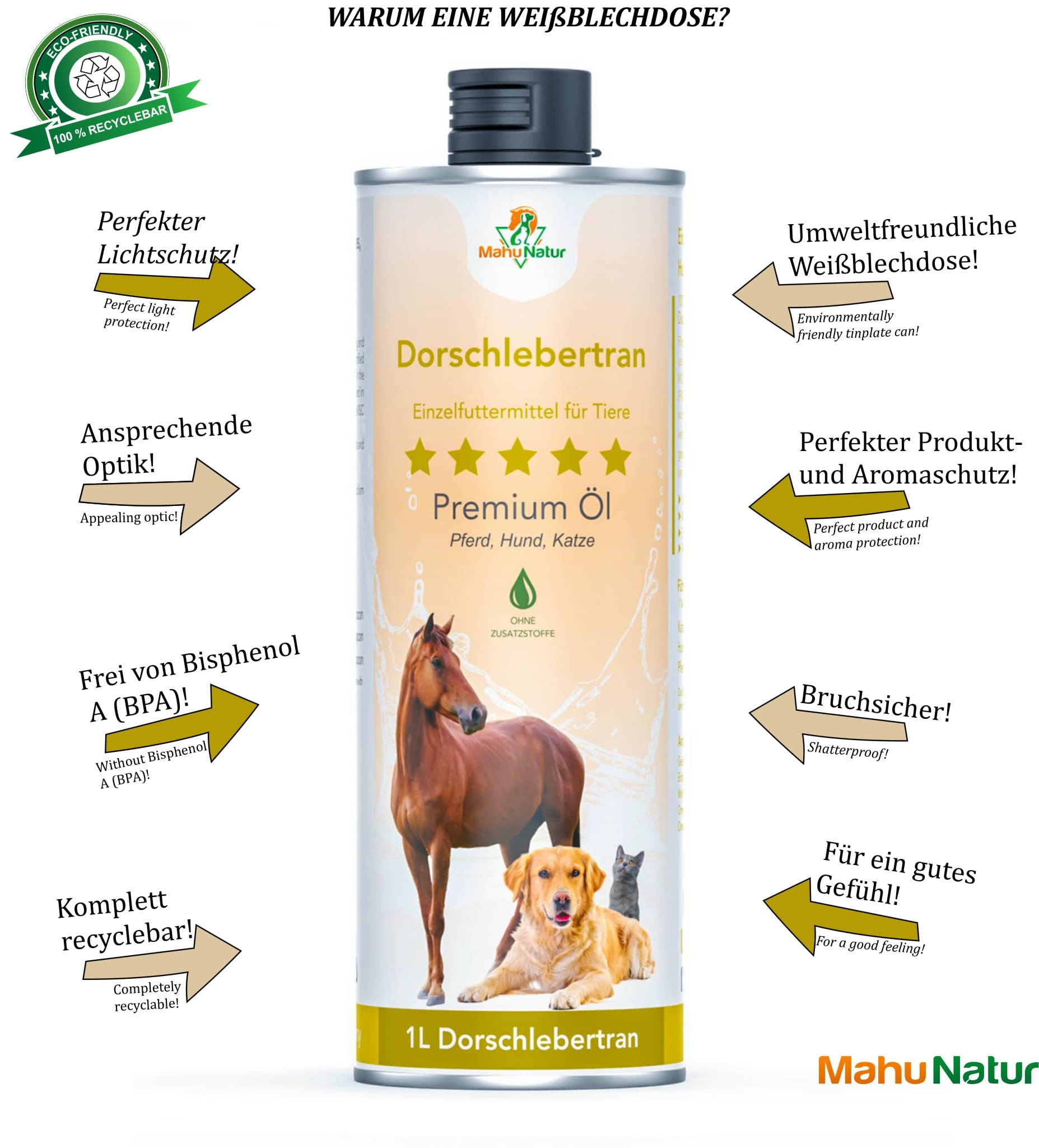 Dorschlebertran Für Hunde & Katzen 1 Liter I Natürlicher Barf Öl Zusatz - Dorschöl Für Hunde Mit Viel Omega 3 (EPA + DHA) & Vitaminen I In Recyclebarer Dose