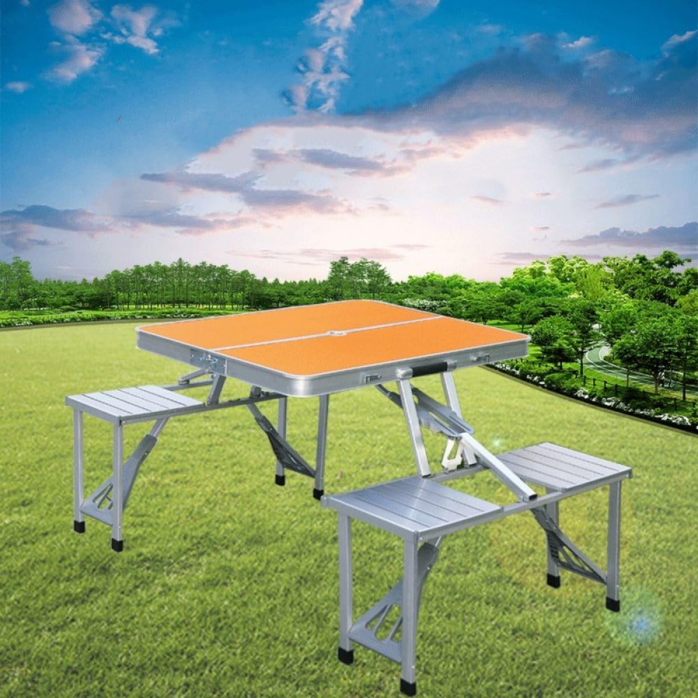Outdoor Camping Składany stół i krzesło Jeden stół Cztery krzesła Połączony stop aluminium Prosty przenośny składany stół piknikowy, pomarańczowy