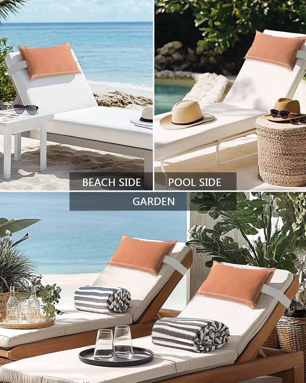 Chaise Lounge Chair Pillow with Strap & Insert Solid Color Outdoor Recliner Head Pillow Pack of 2 Orange Waterproof Headrest Patio Lumbar Pillow for Beach Pool Office Chair 12x20 Inch