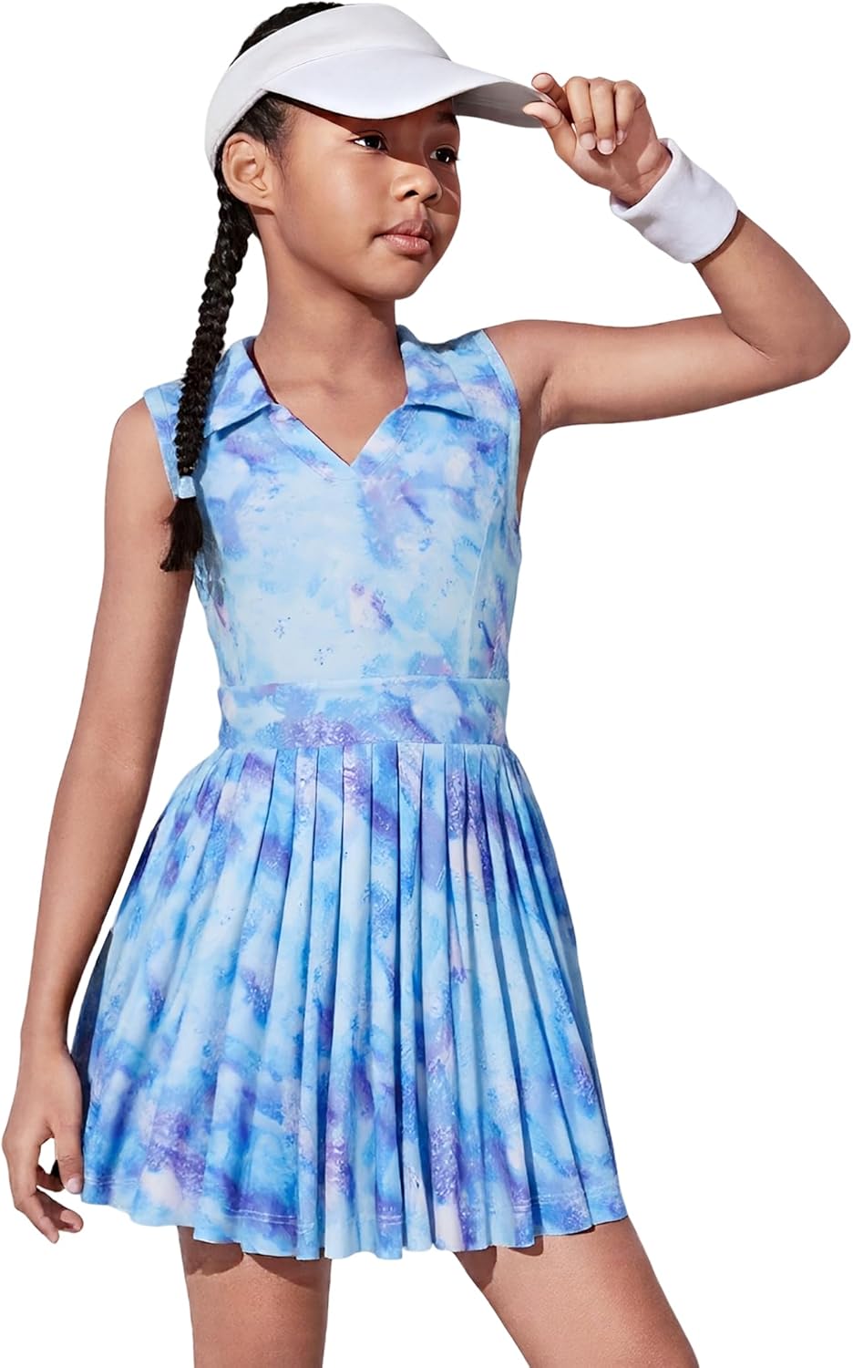 JiAmy Girls Tennis Dress Sleeveless Polo V Neck Athletic Dress Cutout Back Printed Pleated Girls Golf Dresses 3-12 Y