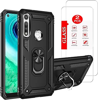 for Motorola Moto G Fast Case with [2 Pack] Glass Screen Protector, for Moto G Fast Heavy Duty Shockproof Armor [Military-Grade] Protective, with Magnetic Kickstand Ring Stand Case Black