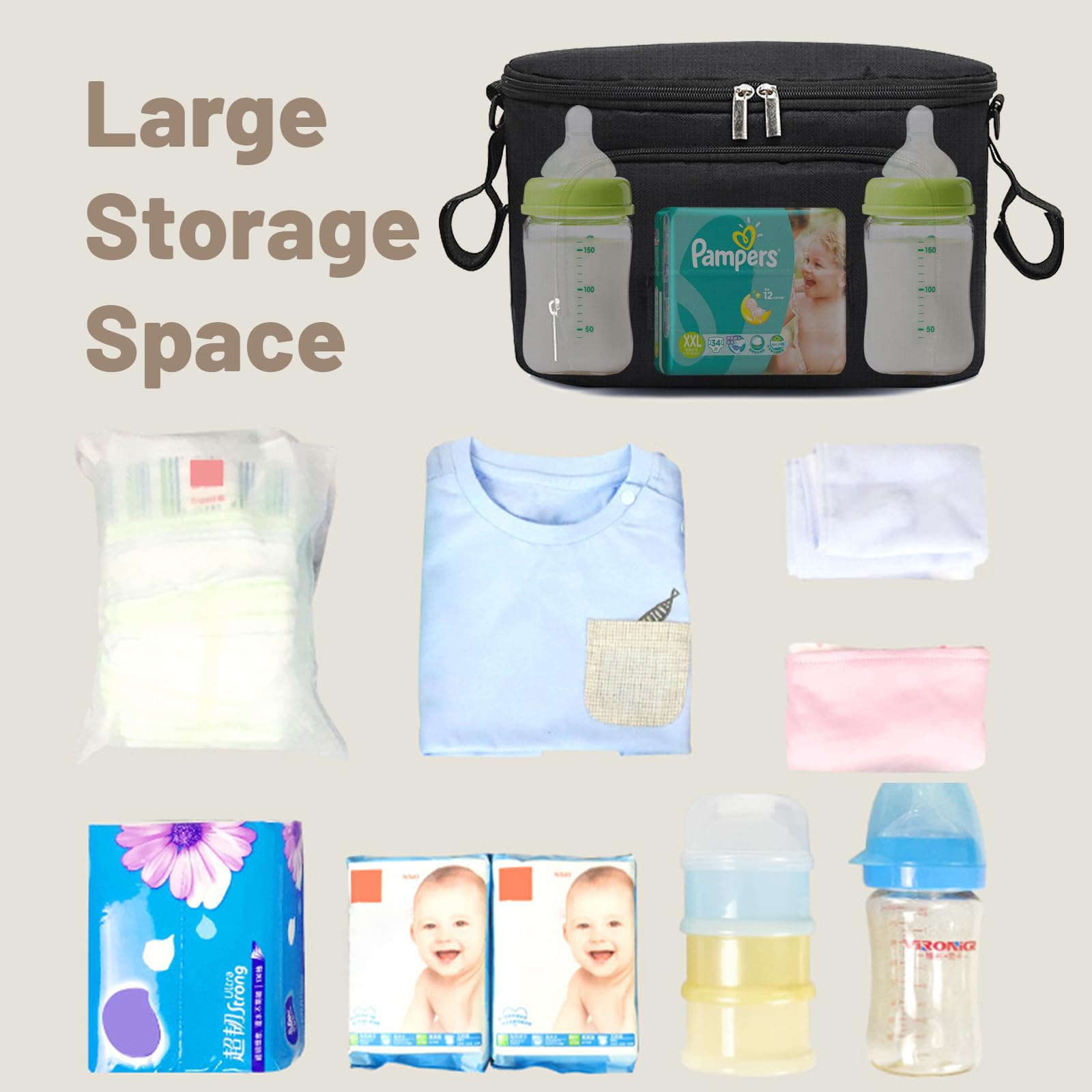 Bolso Organizador para Carrito de Bebé Universal, Bolsa Impermeable de Gran Capacidad con Portavasos, Correa de Hombro Ajustable, Accesorio Multifuncional para Cochecito y Paseo (Negro)