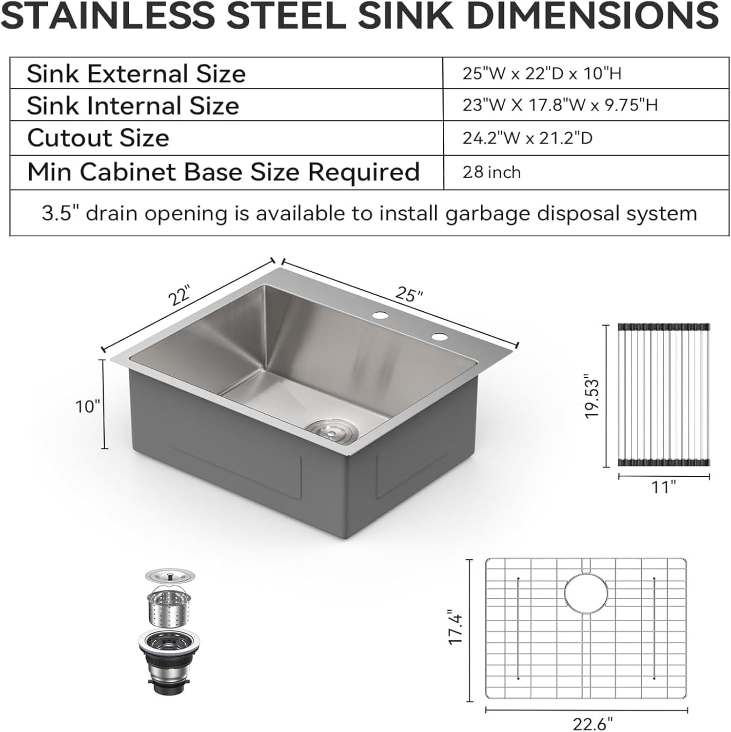 Lordear 25 Drop In Kitchen Sinks 25 x 22 Single Bowl Stainless Steel 16 Gauge Topmount Over Counter Handmade Kitchen Laundry Room Utility Sink Basin