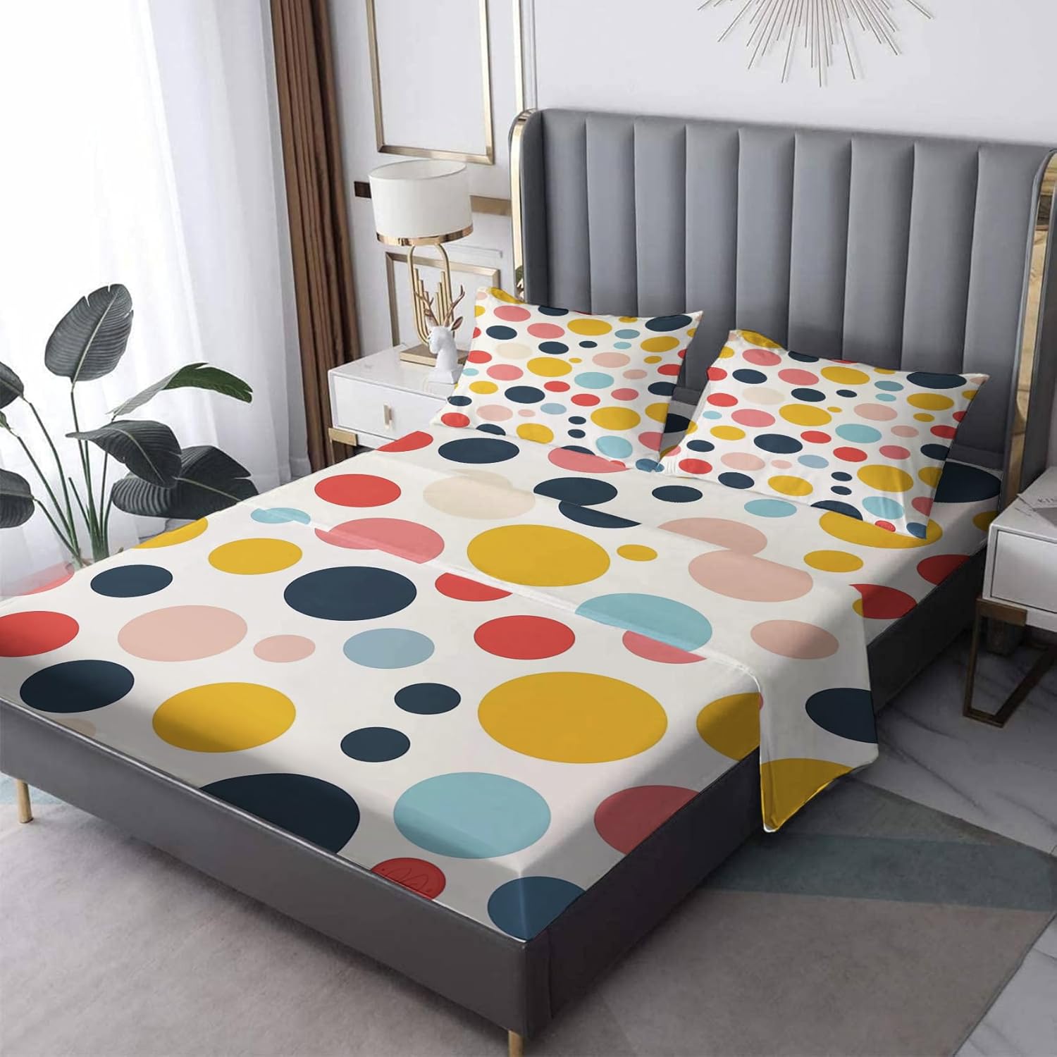 Polka Dot Sheets King Size - Colorful Polka Dots Bed Sheets, Soft Microfiber & Deep Pocket & Wrinkle Free Patterned Bedding Sheets & Pillowcases, 1 Fitted Sheet, 1 Flat Sheet, 2 Pillow Cases