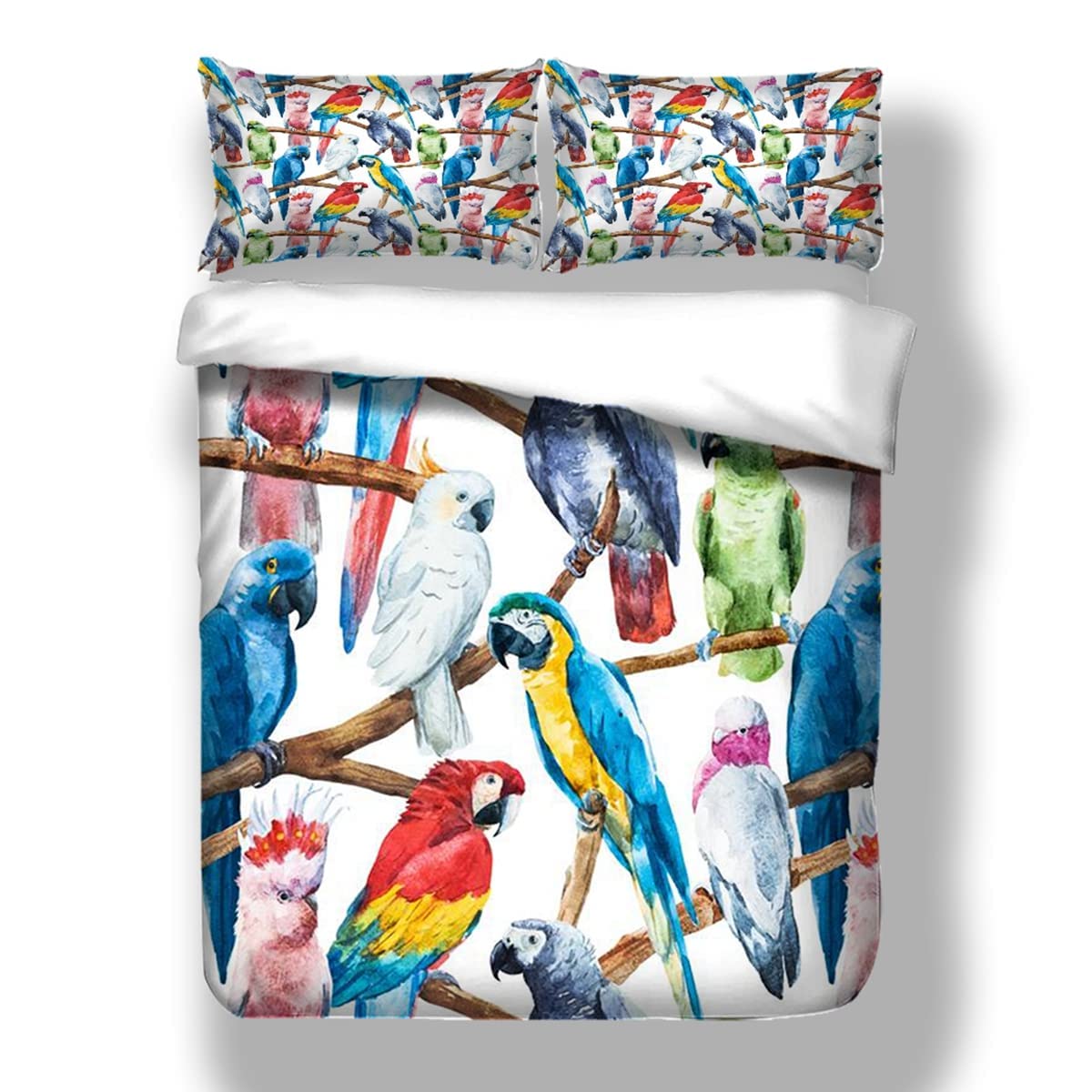 Parrot Duvet Cover Set Double Size Colourful Bedding Set for Boys Girls Kids Youth Teens Macaw Budgerigar Bird Duvet Cover Novelty Tropical Animal Decor 3D Printed Comforter Cover Quilt Cover - Image 2