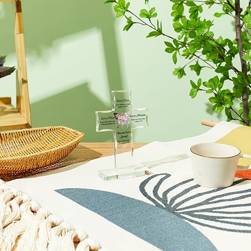 Miniatura 4 de Toerifer Regalo de cruz cristiana, cruz acrílica con base, regalo cristiano de flor rosa con palabras inspiradoras de la Biblia que te dan fuerza,