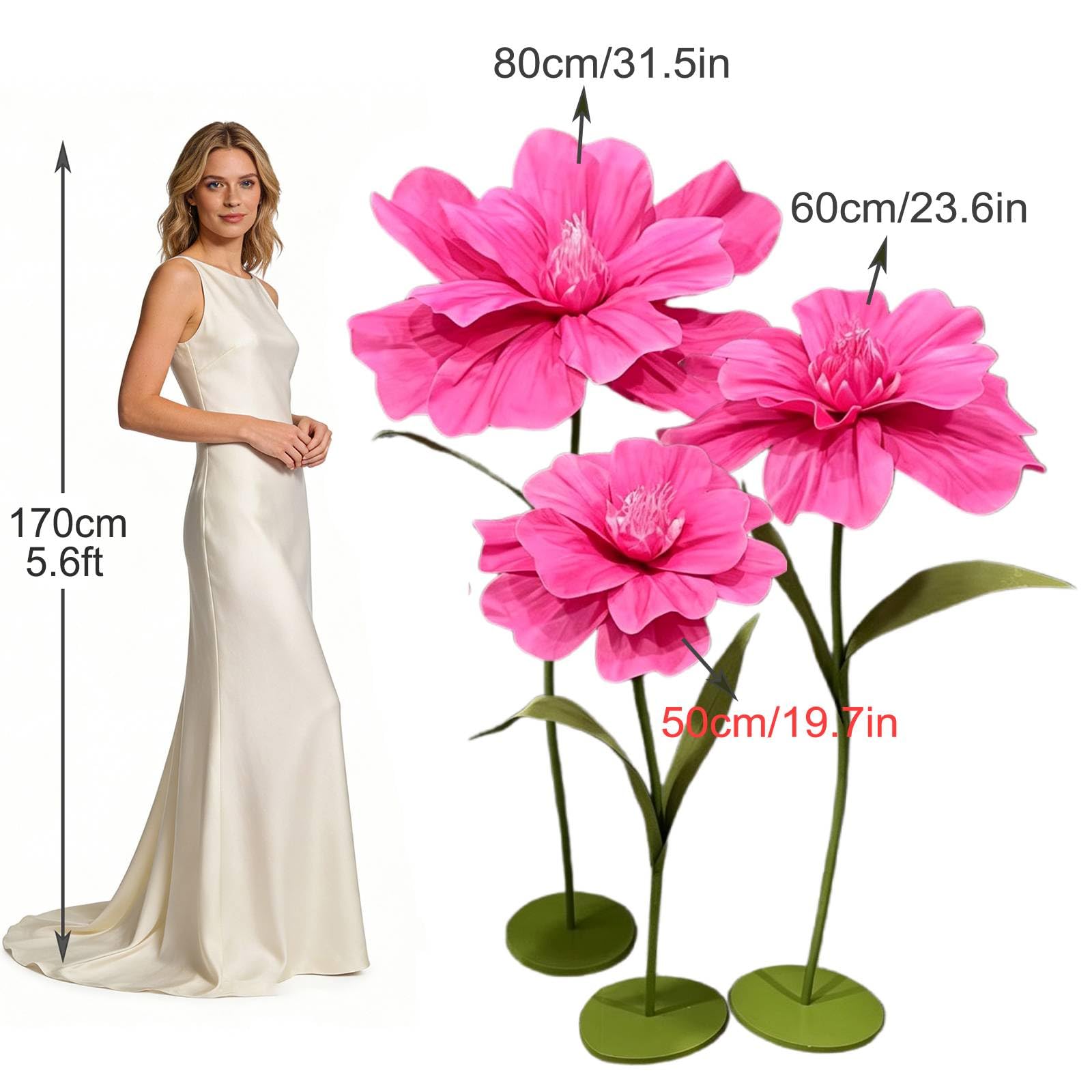 3 Stück Große Künstliche Blumen Weatherproof Riesige Künstliche Blumen Mit Ständer Für Hochzeit, Geburtstag, Party, Garten, Büro, Zuhause, Schaufenster Pink Red,One Size