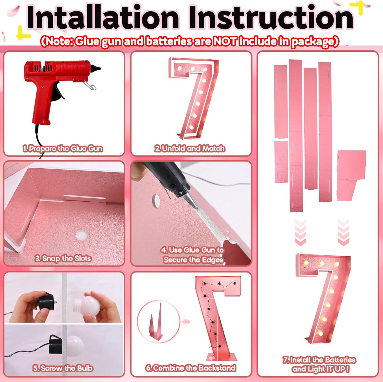 HILAVO Number 7 Light Up Number 4FT, Large Light Up Pink 7 Marquee Mosaic Decorations for Party, Big 4 Feet Tall DIY Frame Pre-Cut Foam Board Kit for Birthday Anniversary