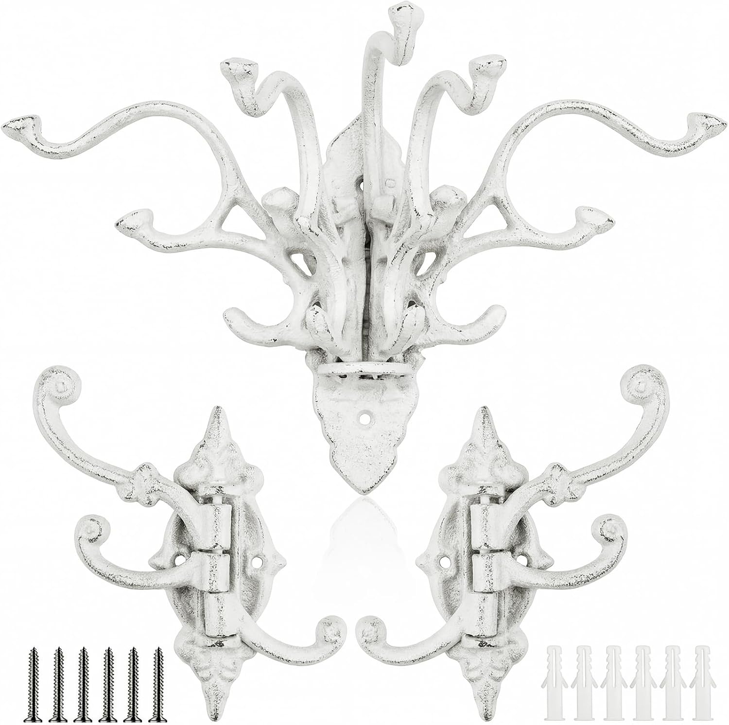 3 Pcs Vintage Cast Iron Wall Hooks Antique Coat Rack Rustic Wrought Decorative Heavy Duty Swivel Hooks for Hanging Bags, Caps, Hats, Towels, Keys (White)